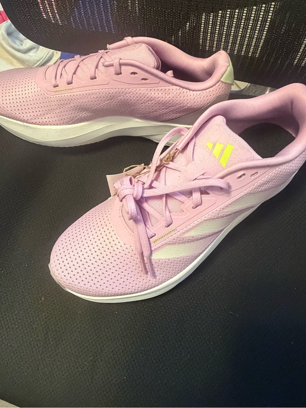 adidas Women’s Pink Sneakers with Neon Yellow Logo Accents - Picture 2 of 5